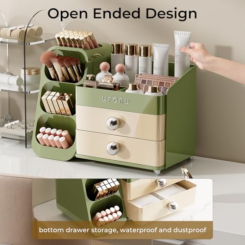 Image of UFORU Makeup Organizer for Vanity with Brush Holder, Large Capacity Bathroom Countertop Skincare Organizer with 2 Drawers, Cosmetic Display Case for Perfumes, Eyeshadow Palettes, Nail Polishes