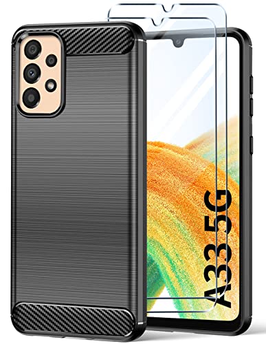FLLAO Coque pour Samsung Galaxy A33 5G avec 2 Verre Trempé,Galaxy A33 Texture Fibre de Carbone Etui, Housse Samsung A33 Silicone Flexible Anti-Choc en TPU Souple - Noir Cover