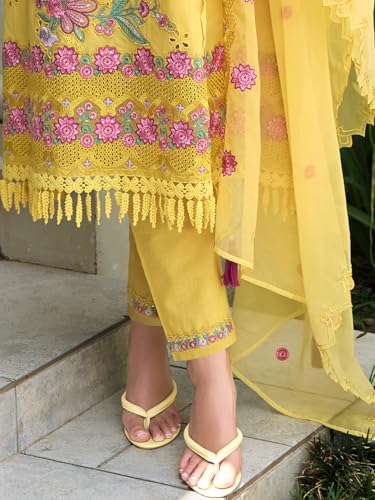 Image of INDO ERA Women's Straight Pure Cotton Floral Embroidered Kurta & Pant with Dupatta Set (IEOUT11423)