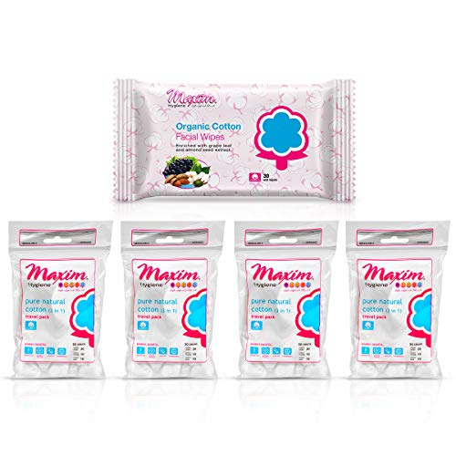 Maxim® Organic Cotton Facial Wipes+3*Travel Packs (4 Packs)
