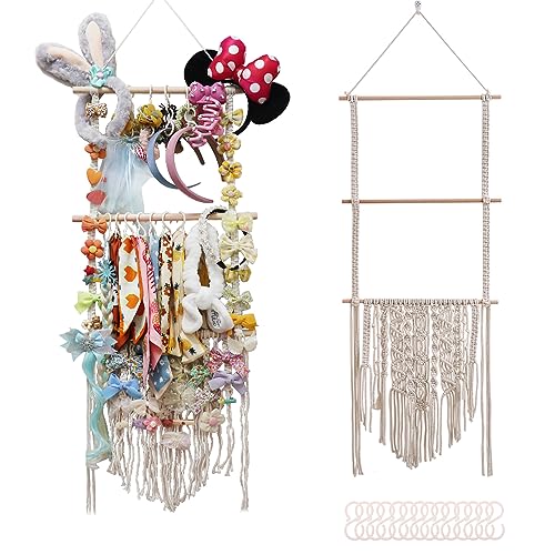 Image of Bafoxfi Headband Holder Hair Bows Organizer For Baby Girls Hair Clip Accessories Organizer Storage Necklace Display with 20 Hooks For Toddler Girl Boho Nursery Wall Hanging Decor
