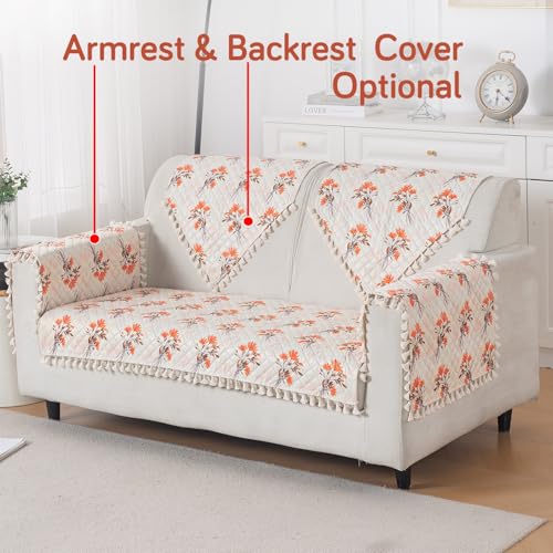 Image of HOKIPO Autumn Blossom 2 Seater Quilted Sofa Cover Mat with Tassels 'Tassel Twigs' Series (IN-983-T5)