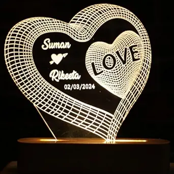 8Cross Personalized 3D Illusion LED Table Lamp | Heart Shape Customized Name Lamp for Couple Gift Anniversary, Wedding, Marriage, Valentine Day- Wooden Base, Multicolor Light. (Design 2)