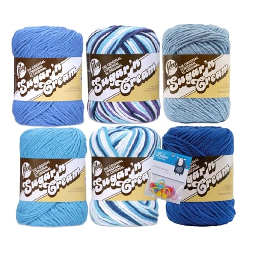 Image of Lily Sugar'n Cream 100% Cotton Yarn 6-Pack Bundle with Bella's Crafts Stitch Markers (Blue Mix)