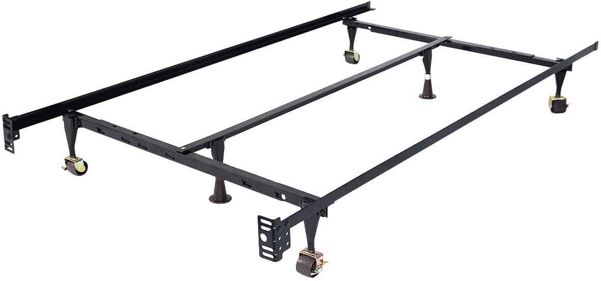 Heavy Duty Size-Adjustable Metal Bed Frame with Center Support and Rug Rollers,Low Profile Bed Frame Adjustable Width Fits Twin/Full/Queen, Black