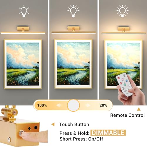 Image of Mocalido 2 Pack Picture Light Battery Operated for Wall, 16in Wireless LED Art Light for Painting with Remote, 5200mAh Dimmable Frame Lights for Gallery Library, Brass