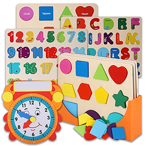 Wooden Puzzles for Toddlers and Rack Set - (3 Pack) Bundle with Storage Holder Rack and Learning Clock - 3 in 1 Kids Educational Preschool Peg Puzzles – Alphabet, Letters, Numbers and Shapes