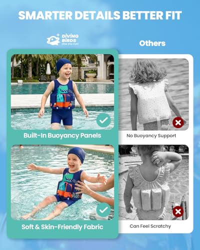 Image of DivingBirds Toddler Floatie Swimsuit with Hat for Boys Girls, Sleeveless Swim Suit with Floatation, 1-6Y