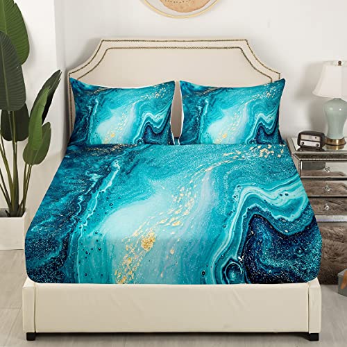 Erosebridal JCX24630CLBWTQUEEN Marble Sheet Set Queen Size,Teal Blue Marble Fitted Sheet Teal Gold Liquid Printed Bed Sheets thumb #2