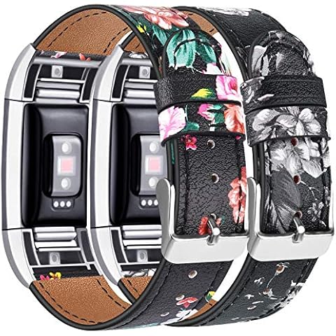 Yandu Replacement for Fitbit Charge 2 Strap Leather, Classic Adjustable Watchband Fitness Accessories Metal Connectors (2PC Red flower + Grey flower) Cover