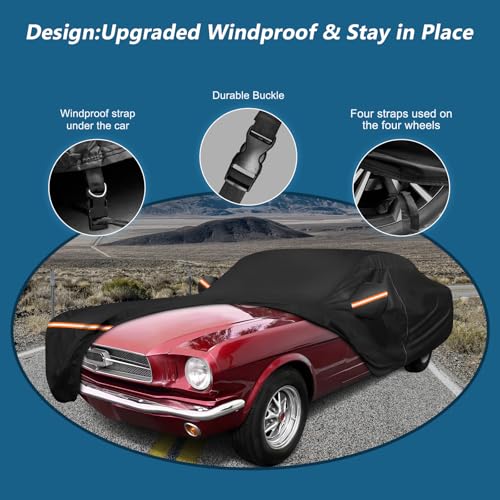 Image of Car Cover for Ford Mustang 1964-1968, Waterproof 210D Oxford All Weather Full Car Cover Fits Classic First Gen Coupe Fastback Convertible, Windproof with Zipper & Reflective Strips, Black