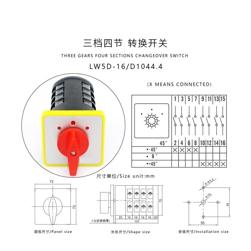 TSIOHKBS LW5D-16/D1044.4 16A 500V Three Position Four Pole Silver Elecrical Rotary Selector Transfer Changeover Cam Switch