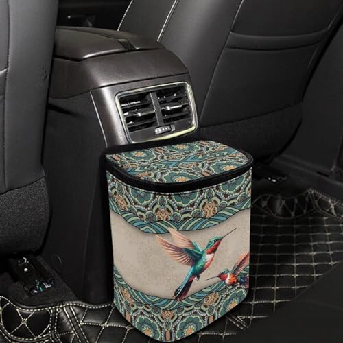 Image of Talayituse Boho Mandala Hummingbird Print Car Trash Can, Portable Auto Garbage Bin Multifunctional Vehicle Interior Accessories with Adjustable Straps Universal Fit Truck SUV Sedan