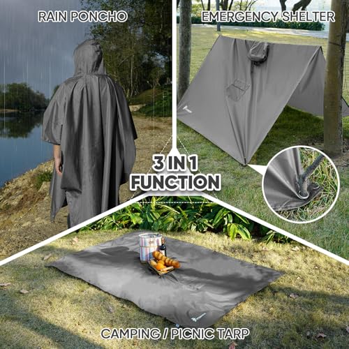 Image of PTEROMY Reusable Rain Poncho, Waterproof Lightweight Unisex Hooded Raincoat for Outdoor Hiking Camping Fishing, Grey, One Size