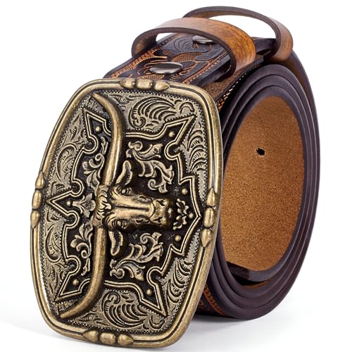 BISON DENIM Men's Western Cowboy Belt with Big Printed Engraved Buckle Strap Adjustable