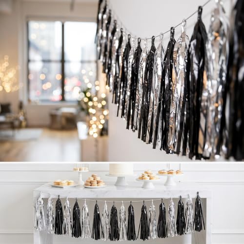 Image of 4P Black Silver Foil Fringe Metallic Tassel Streamers Banner Tassel Garland for Parade Floats, Graduation, Wedding, Birthday, Halloween, Christmas, Bridal /Baby Shower Party Decorations