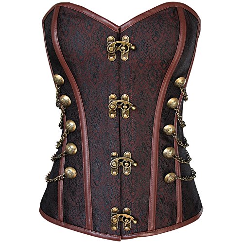 Women's Spiral Brocade Steel Boned Retro Steampunk Gothic Bustier Corset with Buckle (Dark-Brown Corset, M/Waist: 24-26inch, Bust:33-35inch)