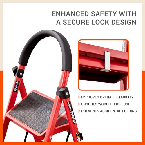 Image of Bathla Everest 4-Step Steel Ladder with Safety Hand Grip | Anti-Skid Wide Steps (30L x 20W cm) | Lightweight, Foldable Ladder for Home & Office | 150Kg Load Capacity | 2 Year Warranty (Red)