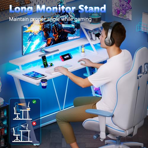 Image of Korfile 47 Inch White Gaming Desk with LED Lights & Power Outlet, L Shaped Gaming Table with Storage Shelves, Gamer Workstations with Monitor Stand for Bedroom