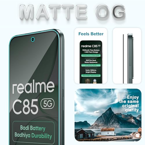 Image of ArmourPro Anti Glare Matte Tempered Glass for Realme C85, Narzo 90x and Realme P4x, Anti Fingerprint Screen Protector, 9H Scratch Resistant, Smooth Touch, Easy Installation Kit with Cable Protector