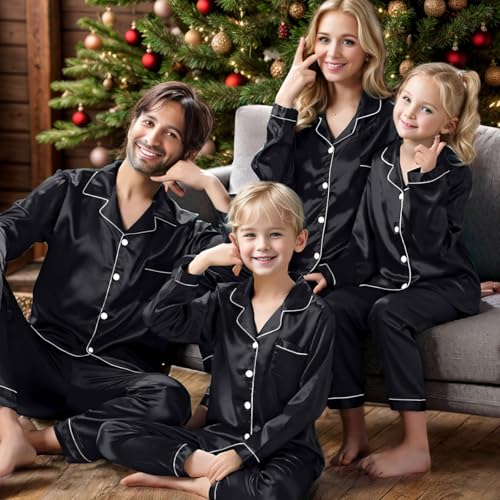 IFFEI Family Silk Satin Pajamas Matching Sets Long Sleeve Pjs for Couples 2 Piece Buttons Kids Christmas Pajamas with Pocket2