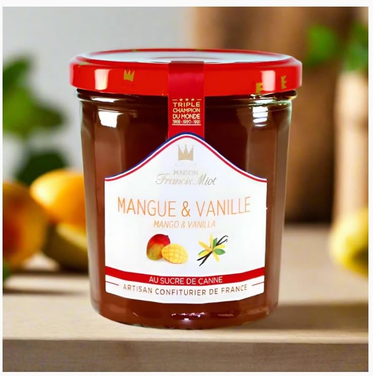 Maison Francis Miot, Set of 2, Luxury Confiture de Mangue et Vanille au Sucre de Canne (French Mango & Vanilla) Jam, 7.7 oz Each