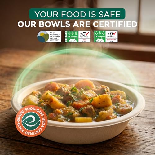 Image of ECO SOUL 475 ML 100-Pack Compostable Bagasse Bowls - Disposable Eco-Friendly Biodegradable Dinner Bowls For Party, Wedding, And Events
