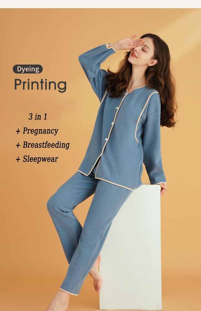 Pigiama Premaman Allattamento Set Button-Up, Caldo Pile Foderato Manica Lunga a Righe Pigiameria Allattamento Loungewear Nightie Pjs per Le Donne Incinte Home Hospital,Blu,L