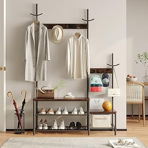 CharaVector Hall Tree Coat Rack Shoe Bench, Industrial Design, 3-in-1, Rustic Brown Cover