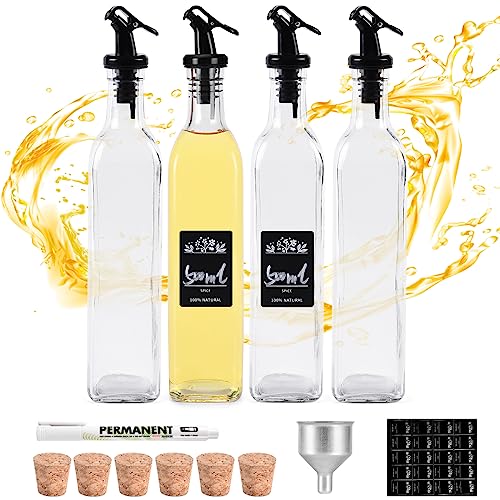 FNLLC Ölflasche,4Pcs Ölspender,500ml Fein Olivenöl Flasche,Essig und Ölflaschen set,Lebensmittelechtem Bleifreiem Glas mit Trichter Etikette,Korken Öl Ausgießer,für Liköre und Essige