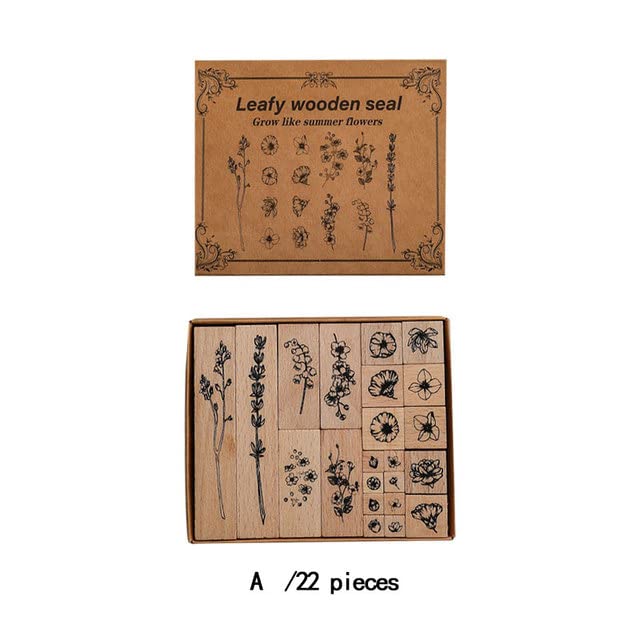 EduPro - 22 Pcs Sketch Plants Wood Rubber Stamp Set DIY Journal Scrapbooking Decorative Material Lotus Wood Seal Kawaii Stationery (sheng ru xia hua)