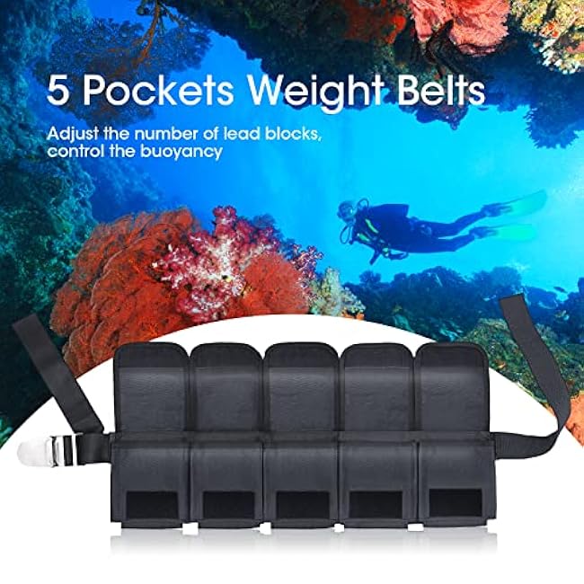 Scuba Weight Belt with 5 Pockets, Quick-Release Buckle Diving Pocket Weight Belt Adjustable Snorkeling Webbing Weight Pouch Belt fit for Waist 32 to 52 (Not Including Weights)