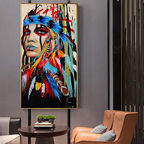 Pop Art Indien Fille Toile Art Peintures Murales Aquarelle Femme Indienne Avec Plume Affiches et Gravures Salon Décor 30x60cm Sans Cadre Cover