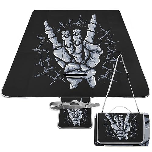 Skeleton Print Picnic Blanket Waterproof Foldable, Large Outdoor Picnic Blanket Beach Blankets Camping Blanket Travel Mat, Shoulder Strap Tote, Rectangle 58x58in