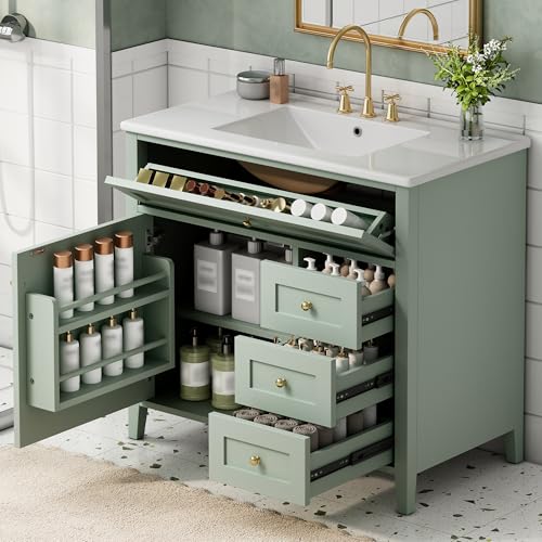 Image of 36 inch Bathroom Vanities with Top Set, Cabinet with Right-Side Multi-Functional Tip-Out Drawer and Adjustable Shelf, Soft-Closing Door, Solid Wood Legs, Green
