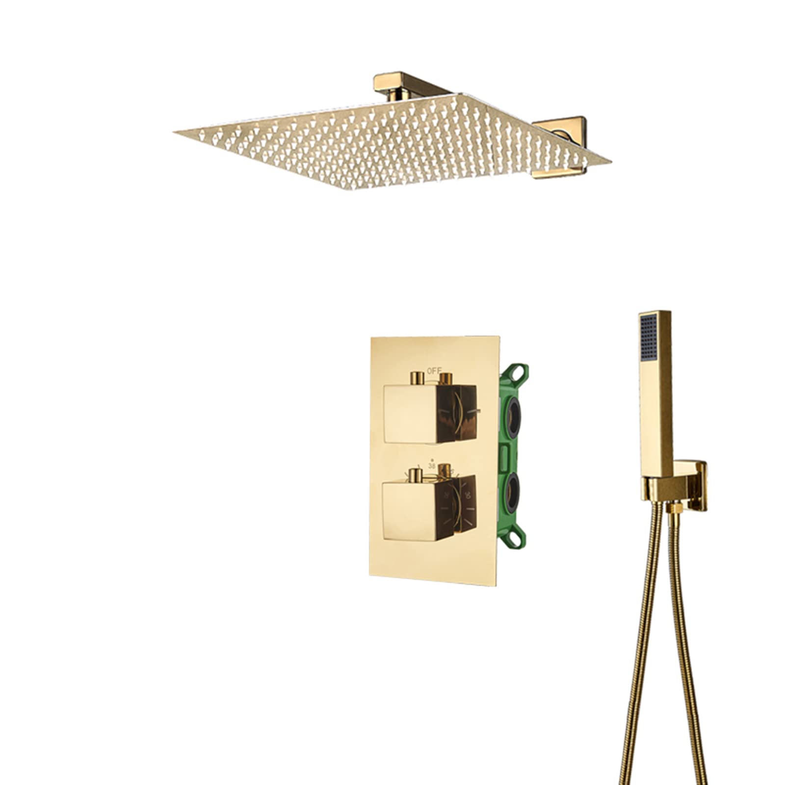 CWCQGH Shower System Concealed Thermostatic Shower Mixer Set Wall Mounted Shower Faucet Set with Hand Shower and Rainfall Shower Head Advanced Air Injection Technology Brass Gold Finish,8