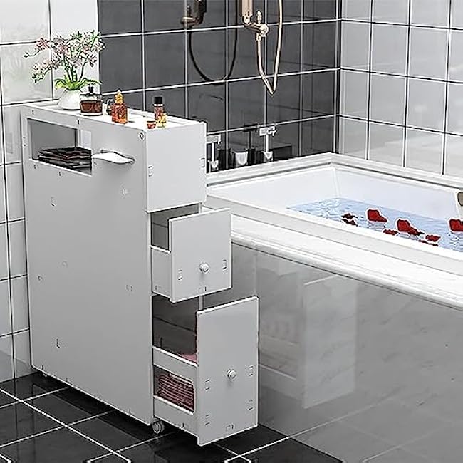Slim Storage Cart, Toilet Side Cabinet with Drawers, Utility Organizer Shelf, Narrow Floor Organizer, Toilet Paper Holder Stand, for Bathroom Laundry Corner Places-Omwn0JES