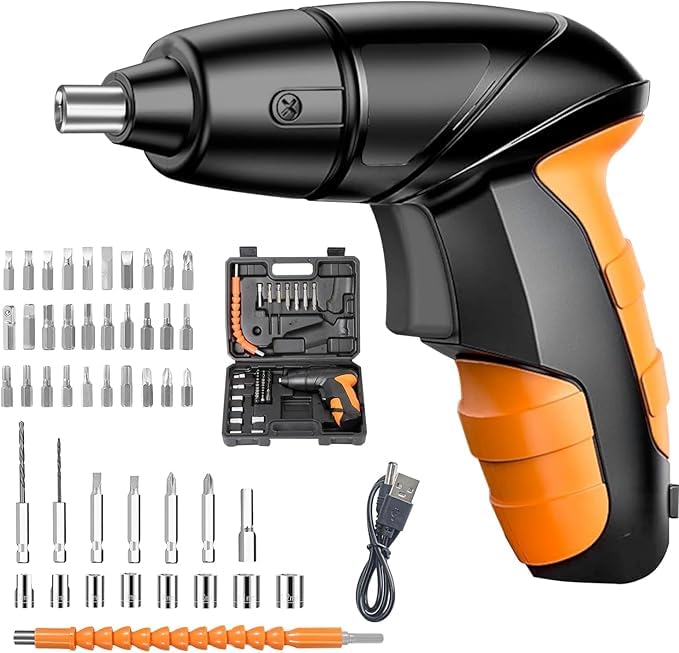 Electric Screwdriver, Cordless Screwdriver, 48 in 1 Portable Mini Electric Drill Screwdrivers with 46 Drill Bits Set, Rechargeable Battery – Ideal for Home, Office, DIY Projects (Orange)