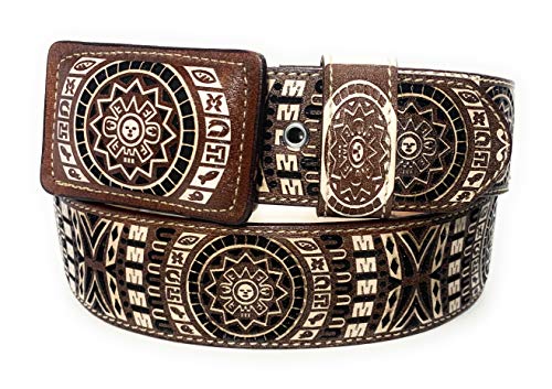 Cinto Charro Azteca, Mens Aztec Calendar Western Belt (Brown/Black, 42)