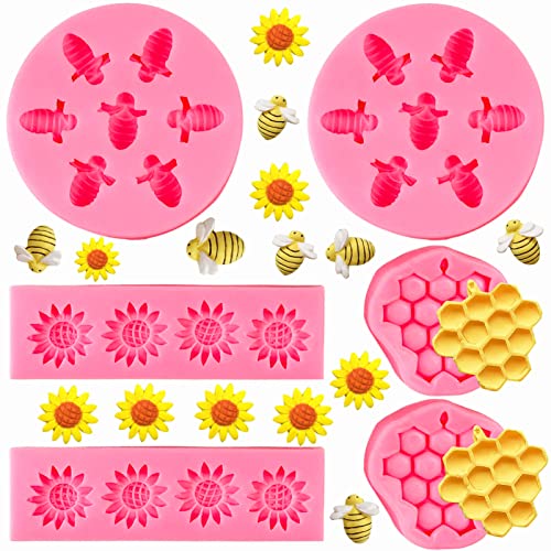 Bumble Bee Silicone Molds, Honeycomb Sunflower Fondant Mold, Beehive Silicone Baking Mold Mousse Gummy Sugar Chocolate Candy Cupcake Mold for Happy Bee Day Clay Crafting Cake Cupcake Topper Decoration