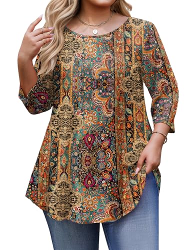 IN'VOLAND Plus Size Boho Tops for Women 3/4 Sleeve Fall