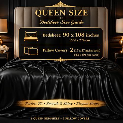 Image of SOFT SOULS Satin Bedsheet with Pillow Covers for Couples, Valentine's Day, Girlfriend, Boyfriend, Husband, Wife, or a Romantic Wedding First Night (Black, Queen Bedsheet)