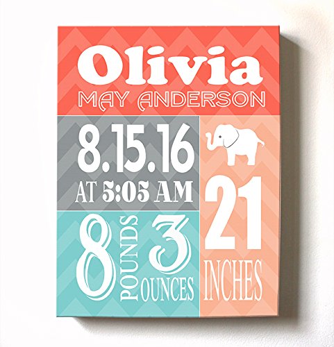Personalized Stretched Canvas Birth Announcement Gift, Custom Baby Name, Date, Weight Stats, Newborn Elephant Nursery Wall Art Decor, Wooden Frame Construction, Ready to Hang 20X24