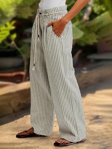 Flamingals Straight Leg Jeans for Women Trendy Mid Rise Striped Drawstring Pleated Casual Pants3