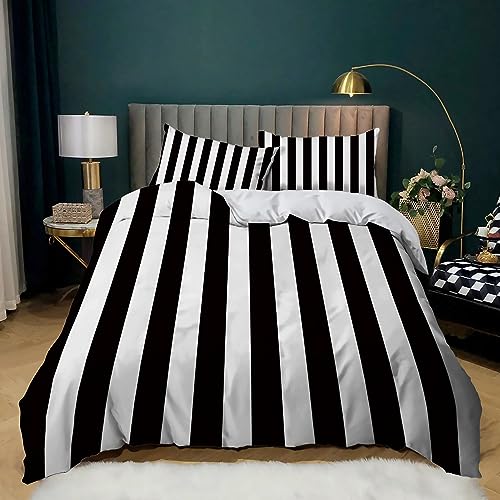 XCQHZYQ Single Duvet Cover Set Black And White Stripes 3 pcs Bed Set Brushed Microfibre Bedding Set Ultra Soft Anti Allergic Easy Care Non Iron Quilt Cover
