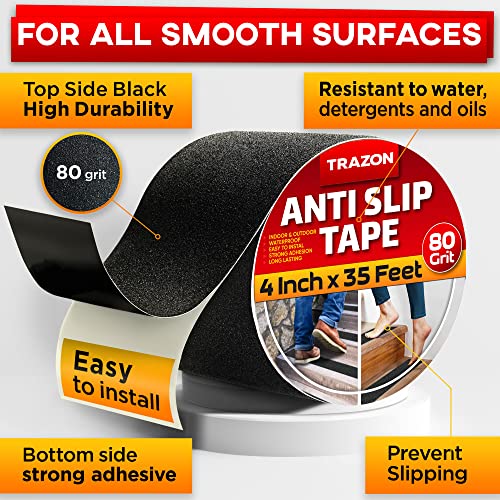 Image of Grip Tape - Heavy Duty Anti Slip Tape for Stairs Outdoor /Indoor Waterproof 4Inch x 35Ft Safety Non Skid Roll for Stair Steps Ramp Traction Tread Staircases Grips Adhesive Non Slip Strips Walk Black