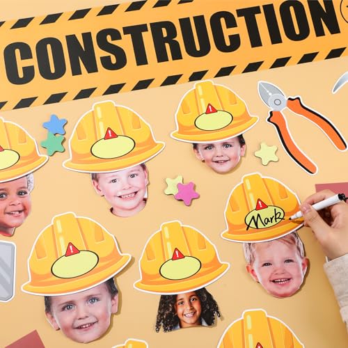 Image of gisgfim Construction Bulletin Board Decorations Learning Under Construction Paper Cutouts DIY Photo Helmet Motivational Bulletin Board Set for Back to School Teacher Classroom Wall Decor Supplies
