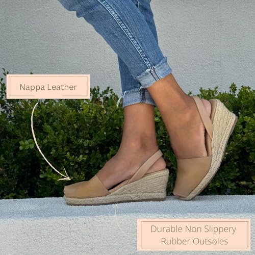 Image of Espadrilles Wedges for Women, Dressy Soft Leather Peep Toe Womens Espadrille Sandals, Comfortable Casual Summer Slip On