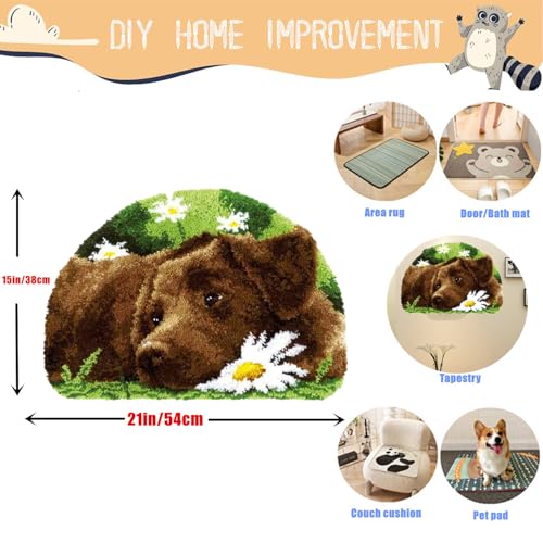 Image of EMISTEM Latch Hook Kits for Adults - DIY Latch Hook Rug Kits, Crochet Kit for Beginners, Rug Making Kits with Printed Canvas, Gift Packaging. (Dog in Flowers,15x21)