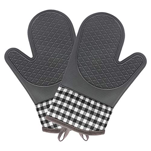 PetsHome Ofenhandschuhe, Ofenhandschuhe, [Hitzebeständig] [Rutschfest] Silikon, weiches Steppfutter, Ofenhandschuhe und Topflappen, Küchen-Set zum Kochen, Backen, Pizza, Grillen, 2 Stück, Grau Cover